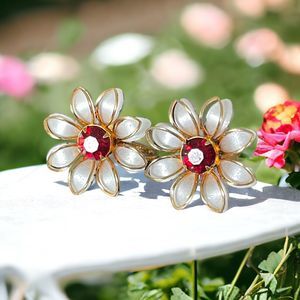 Vintage Signed B.N. Bugbee & Niles Red Rhinestone Daisy Screw Back Earrings